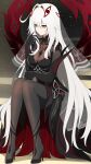  1girl absurdres black_bodystocking black_dress bodystocking breasts commentary_request dress eye_hair_ornament eye_symbol eyes_on_wings finger_claws genshin_impact hair_intakes high_heels highres long_hair medium_breasts mxirony red_wings ronova_(genshin_impact) side_ahoge sitting solo very_long_hair white_hair wings yellow_eyes 