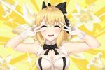  1girl absurdres ahoge artoria_pendragon_(all) bangs bare_shoulders blonde_hair blush bow breasts commentary dress emotional_engine_-_full_drive eyebrows_visible_through_hair fate/grand_order fate_(series) gloves hair_bow highres large_breasts mark1019 open_mouth ponytail saber_lily smile solo white_gloves 