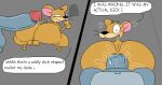 aliasing anal anal_fluids anal_fluids_on_penis anal_penetration anthro backsack balls big_balls big_butt big_penis blue_body blush blush_lines bodily_fluids brown_body butt cheese comic_panel dairy_products dialogue digital_media_(artwork) duo eyelashes faceless_character felid feline food genitals glans glistening grey_background head_tuft holding_food holding_object huge_butt huge_penis humor hyper hyper_genitalia hyper_penis jerry_mouse looking_at_another looking_at_genitalia looking_at_penis looking_back male male/male male_penetrated male_penetrating mammal metro-goldwyn-mayer mouse mouth_closed multicolored_body murid murine navel nervous nxyitn open_mouth penetration penis pink_inner_ear pixel_(artwork) questionable_consent rodent sex shocked simple_background size_difference snout standing sweat sweating_profusely tail talking_to_another thick_thighs thomas_cat tom_and_jerry tuft whiskers x_navel