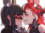  2girls alten animal_ear_fluff animal_ears artist_name assertive_female backup_dancer_(hakos_baelz) bare_shoulders black_ears black_hair black_jacket black_streaks blush commentary ear_blush earrings fade_(haircut) fishnet_gloves fishnets full-face_blush gloves glowing glowing_eyes glowing_mask hakos_baelz hakos_baelz_(recolor) half_updo hand_on_another's_chin highres hololive hololive_english jacket jewelry mask medium_hair mouse_ears multicolored_hair multiple_girls open_mouth red_eyes red_hair sharp_teeth sideways_mouth sleeveless streaked_hair sweat teeth virtual_youtuber white_background white_hair yuri 