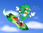 accipitrid accipitriform anthro avian beak bird blue_eyes clothing cloud cookie-pone english_text extreme_gear eyewear feathers fluffy fluffy_chest flying footwear gloves goggles green_body green_feathers handwear hi_res jet_the_hawk looking_at_viewer male sega shoes smug solo sonic_riders sonic_the_hedgehog_(series) text white_body white_feathers yellow_beak