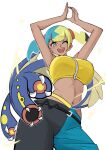  1girl absurdres aji_(p391) aqua_hair baggy_pants bandeau blonde_hair blue_eyes canari_(pokemon) colored_sclera criss-cross_straps dark-skinned_female dark_skin eel eelektross fangs fish from_below highres lamprey multicolored_hair no_jacket no_mask one_eye_closed open_mouth pants pokemon pokemon_(creature) pokemon_legends:_z-a red_sclera short_twintails smile split-color_clothes split-color_hair twintails two-tone_pants yellow_bandeau 