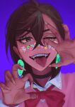  1girl absurdres ayase_momo black_choker bow bowtie brown_eyes brown_hair choker claw_pose collared_shirt dandadan earrings fangs highres jewelry looking_at_viewer one_eye_closed open_mouth pink_sweater purple_background red_bow red_bowtie shirt solo suzukayouraku sweater teeth tongue tongue_out white_shirt 