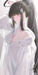  1girl absurdres black_hair blue_archive blush breasts commentary_request diamond-shaped_pupils diamond_(shape) halo highres kyky_(-kyky) large_breasts long_hair looking_at_viewer multicolored_halo ponytail red_eyes rio_(blue_archive) shirt solo symbol-shaped_pupils two-tone_halo very_long_hair white_shirt 