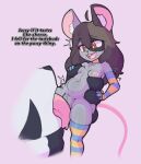 ahoge anthro arm_tuft armwear black_body black_markings black_nose black_scarf blue_armwear blue_clothing blue_elbow_gloves blue_gloves blue_handwear blue_legwear blue_thigh_highs blush bodily_fluids breasts brown_hair buckteeth carrying_another chest_tuft clothing collar crotch_tuft cunnilingus defunctumbra dialogue duo elbow_gloves emanata english_text extreme_size_difference eyebrow_through_hair eyebrows facial_markings female genitals glistening glistening_body gloves grey_body hair handwear head_markings inner_ear_fluff legwear macro male male/female mammal markings meru_(atinydom) mouse murid murine navel nipples oral pattern_clothing pattern_legwear pattern_scarf pattern_thigh_highs pink_background pink_inner_ear pink_nipples pink_tongue red_eyes rodent scarf sex shoulder_tuft simple_background size_difference small_breasts striped_clothing striped_legwear striped_scarf striped_thigh_highs stripes sweat sweatdrop teeth text thigh_highs tongue translucent translucent_hair tuft umbra_(defunctumbra) vaginal vulva white_inner_ear_fluff white_scarf yellow_armwear yellow_clothing yellow_elbow_gloves yellow_gloves yellow_handwear yellow_legwear yellow_thigh_highs