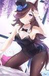  1girl alternate_costume animal_ears armpits bare_shoulders black_bow black_bowtie black_leotard black_pantyhose blue_flower blue_rose blush bow bowtie breasts brown_hair cleavage closed_mouth commentary_request covered_navel detached_collar flipped_hair flower hair_over_one_eye hat hat_flower highres horse_ears horse_girl horse_tail leotard long_hair looking_at_viewer min_jeungi nontraditional_playboy_bunny pantyhose purple_eyes rice_shower_(umamusume) rose smile solo strapless strapless_leotard tail tilted_headwear top_hat umamusume white_wrist_cuffs wisteria wrist_cuffs 