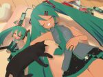  2girls 3d =_= absurdres animasa_model_(mikumikudance) antenna_hair aqua_hair aqua_nails aqua_necktie bare_shoulders belt_charm black_cat black_skirt blush cameo cat cellphone cellphone_charm character_charm charm_(object) chibi closed_eyes commentary doko_demo_issyo dual_persona english_commentary flip_phone grey_shirt hachune_miku hair_between_eyes hair_ornament handheld_game_console hatsune_miku highres holding holding_phone indoors inoue_toro kasane_teto kasane_teto_(utau) kio_(majin_kz) long_hair lying magazine_(object) mikumikudance_(medium) mini_person minigirl multiple_girls necktie on_back open_mouth original phone playstation_portable shirt size_difference skirt sleeping sleeveless sleeveless_shirt twintails u_u utau very_long_hair vocaloid 