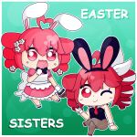  ahoge alternate_costume animal_ears basket black_leotard chibi chibi_only commentary_request crossed_legs dress drill_hair easter fake_animal_ears flower hair_flower hair_ornament heart heart_ahoge highres holding holding_basket kasane_teto kasane_teto_(sv) leotard morgane open_mouth pantyhose pink_dress playboy_bunny rabbit_ears red_eyes red_hair red_nails sitting smile synthesizer_v twin_drills utau wrist_cuffs 