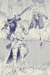  1boy 1girl :d :o animal_ear_helmet animal_helmet armor armored_boots blazer boots bow bowtie breastplate burn_scar bush collared_shirt elbow_pads eye_mask forest full_body gauntlets greatsword greyscale half_eye_mask highres holding_hands j_(reverse:1999) j_(the_lone_wolf's_howl)_(reverse:1999) jacket kneehighs looking_at_another mask mask_over_one_eye matilda_bouanich milmil7 miniskirt monochrome multicolored_hair nature official_alternate_costume one_side_up over_shoulder reverse:1999 scar scar_on_face shirt shoes skirt smile socks standing sweat sword traditional_bowtie walking weapon weapon_over_shoulder 