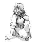  1girl braid breasts closed_eyes flower hair_over_breasts hat holding holding_flower hong_meiling knee_to_chest koyubi_(littlefinger1988) long_hair monochrome simple_background solo squatting star touhou twin_braids white_background 