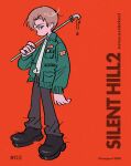  1boy absurdres arm_up black_pants black_shoes blonde_hair character_name collared_jacket commentary copyright_name english_commentary full_body green_jacket haejeo1008 highres holding holding_lead_pipe jacket james_sunderland lead_pipe long_sleeves looking_back male_focus pants parted_bangs red_background shirt shirt_tucked_in shoes sideways_glance silent_hill_(series) silent_hill_2 solo standing twitter_username white_shirt 