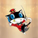  1boy alternate_costume animal animal_ear_fluff animal_ears animal_hands black_bow black_bowtie blue_eyes bow bowtie cat cat_paws cat_tail commentary_request conductor_baton copyright_notice formal_clothes full_body grin hat highres holding holding_baton jacket looking_at_viewer mask mini_hat morgana_(persona_5) official_alternate_costume persona persona_5 red_hat red_jacket saitou_rokuro shirt smile solo star_(symbol) tail traditional_bowtie upper_body white_shirt yellow_background 