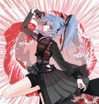  1girl aoi_(zelda0616) asymmetrical_sleeves black_gloves black_nails black_shirt blue_eyes blue_hair chest_belt commentary gloves hair_ribbon half_gloves hololive hoshimachi_suisei hoshimachi_suisei_(shout_in_crisis) long_hair long_sleeves looking_at_viewer official_alternate_costume overskirt ponytail ribbon see-through_clothes see-through_midriff shirt single_glove single_half_glove skort solo star_(symbol) star_in_eye symbol_in_eye untranslatable_commentary virtual_youtuber 