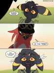 2026 3_panel_comic absurd_res anthro artist_name beak black_beak black_body black_eyebrows black_fur black_hair black_text bodily_fluids brown_eyes captain_cinder_(odeko-yma) clothed clothed_anthro clothed_female clothed_male clothing collared_shirt comic dialogue duo ears_down eeveelution english_text eyebrows eyewear eyewear_on_head feathers female fur generation_2_pokemon generation_6_pokemon goggles goggles_on_head grass green_clothing green_shirt green_topwear grey_body grey_feathers hair hat headgear headwear hi_res kerchief looking_at_another lucky_(odeko-yma) male markings mouth_closed neckerchief neckwear nintendo odeko-yma open_mouth outside pattern_kerchief pattern_neckerchief peaked_cap pivoted_ears plant pokemon pokemon_(species) red_body red_clothing red_eyes red_feathers red_shirt red_topwear ring_(marking) rings_on_arms shaking shirt sky speech_bubble standing striped_kerchief striped_neckerchief sweat talonflame text topwear tremble_spikes trembling umbreon wearing_hat yellow_body yellow_fur yellow_sclera