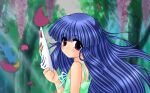  1girl :o bare_arms bare_shoulders blue_hair blunt_bangs commentary dappled_sunlight day dot_nose dress english_commentary expressionless eyes_visible_through_hair falling_petals floating_hair flower forest fox_mask furude_rika green_dress green_ribbon head_tilt highres higurashi_no_naku_koro_ni holding holding_mask light_blush long_hair long_sidelocks mask nature nekotorine official_style outdoors parted_lips petals pink_flower purple_eyes redrawn ribbon ryukishi07_(style) sidelocks sleeveless sleeveless_dress solo sundress sunlight tareme tree upper_body very_long_hair white_mask wind wisteria 