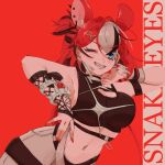  1girl absurdres animal_ear_fluff animal_ear_piercing animal_ears arm_up armband armpits arms_up bare_shoulders belt black_hair black_shirt black_streaks blue_eyes blush breasts cleavage cleavage_cutout clothing_cutout cropped_shirt double-parted_bangs earrings english_text fade_(haircut) fishnet_gloves fishnets gloves hair_between_eyes hair_ornament hairclip hakos_baelz half_updo hand_on_own_cheek hand_on_own_face highres hololive hololive_english jewelry large_breasts linea_alba looking_at_viewer medium_hair midriff mouse_ears mouse_tail multicolored_hair navel one_eye_closed pants red_background red_hair red_nails sharp_teeth shirt single_glove sleeveless smile snake_eyes_(hakos_baelz) spiked_wristband standing streaked_hair tail teeth trooves upper_body virtual_youtuber white_hair white_pants 