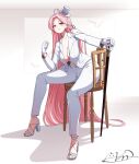  1girl absurdly_long_hair ahoge black_shoes blush breasts cane chair closed_mouth collarbone commentary commission full_body gloves hand_up hat heart heart_ahoge high_heels highres holding holding_cane jacket lapels large_breasts leaning_forward long_hair looking_at_viewer majinmallow mole mole_under_eye no_bra open_clothes open_jacket pants pink_eyes pink_hair planted_cane selline_(trickcal) shoes signature small_breasts solo top_hat trickcal very_long_hair white_gloves white_hat white_jacket white_pants wooden_chair 