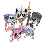  5girls argentea_(darling_in_the_franxx) blossom_(ppg) bubbles_(ppg) buttercup_(ppg) chibi chinese_commentary chlorophytum crossover darling_in_the_franxx delphinium_(darling_in_the_franxx) english_commentary genista_(darling_in_the_franxx) horns mecha mecha_focus mechanical_legs multiple_girls parody ponytail powerpuff_girls robot robot_girl sfss simple_background single_horn single_mechanical_horn strelizia style_parody white_background 