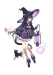  1girl absurdres animal_ears black_bow black_bowtie black_capelet black_cat black_dress black_hair black_shoes book bow bowtie breasts capelet cat cat_ears cat_girl cat_tail chinese_commentary commentary_request detached_collar dress ears_through_headwear fang floating floating_book floating_object frilled_dress frills full_body hair_between_eyes hat highres holding holding_lantern knees_together_feet_apart lantern lcy_bingzi long_sleeves open_mouth original petticoat red_eyes shoes sidelocks sigil simple_background small_breasts solo standing tail white_background witch witch_hat 