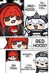  3girls blush commentary_request english_text goddess_of_victory:_nikke highres korean_commentary long_hair malangtogle22 meme multiple_girls open_mouth parody rapi_(nikke) rapi_(red_hood)_(nikke) red_eyes red_hair red_hood_(nikke) snow_white_(heavy_arms)_(nikke) snow_white_(nikke) speech_bubble sweatdrop thank_you_chainsaw_man_(meme) visor_lift white_hair 