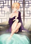  1girl absurdres bath bath_yukata bathroom blonde_hair breasts collarbone girls_frontline highres japanese_clothes kimono long_hair looking_at_viewer open_clothes orange_hair ots-14_(girls_frontline) simple_background solo swallow_zzy yukata 