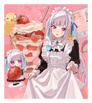  1girl absurdres animal_on_shoulder apron bird bird_on_shoulder blue_hair blush bow bowtie colored_inner_hair food frilled_apron frills fruit hair_ribbon highres jewelry lize_helesta lize_helesta_(9th_costume) long_hair long_sleeves maid maid_apron maid_headdress monocle multicolored_hair name_tag nameplate nijisanji official_alternate_costume parfait purple_eyes ribbon rippoutai_fuusen sebastian_piyodore strawberry twintails two-tone_hair victorian_maid virtual_youtuber white_apron white_bow white_bowtie white_hair white_headdress yellow_bird 