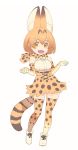  1girl :d absurdres animal_ears bare_shoulders bow bowtie contrapposto elbow_gloves eyebrows_visible_through_hair full_body gloves hands_up high-waist_skirt highres kemono_friends looking_at_viewer nagisa_kurousagi open_mouth orange_eyes orange_gloves orange_hair orange_legwear orange_neckwear orange_skirt orange_theme serval_(kemono_friends) serval_ears serval_print serval_tail shirt shoes short_hair simple_background skirt smile solo tail thighhighs white_background white_footwear white_shirt 