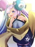  1girl absurdres artistic_error blue_hair bow-shaped_hair breasts character_hair_ornament commentary_request criss-cross_halter daizai_(dazaios) fake_hair_bun grey_pantyhose hair_ornament halter_shirt halterneck hexagon_print highres iono_(pokemon) jacket long_hair medium_breasts multicolored_hair open_mouth oversized_clothes pantyhose pink_hair pokemon pokemon_scarlet_and_violet sharp_teeth single_thighhigh sleeves_past_fingers sleeves_past_wrists smile solo split-color_hair teeth thigh_strap thighhighs x_(symbol) yellow_jacket 