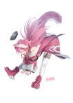  1girl absurdres animal_ears closed_eyes coat highres hololive hololive_english long_hair mkrk_mikaerukung multicolored_hair open_mouth panther_ears panther_girl panther_tail pink_coat pink_hair pink_shoes raora_panthera raora_panthera_(1st_costume) shoes simple_background solo streaked_hair tail thighhighs white_background white_streaks white_thighhighs 
