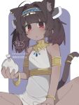  1girl ahoge alternate_costume ancient_egyptian_clothes animal_ears bare_shoulders bracelet brown_egyptian_cat-eared_loli_(trend) brown_hair cat_ears cat_girl cat_tail commentary_request dark-skinned_female dark_skin gold_bracelet gold_headband headgear highres jewelry light_blush mizusaki_nakono red_eyes short_hair simple_background solo tail tail_ornament tail_ring touhoku_kiritan translation_request twintails usekh_collar voiceroid 