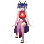  1girl 4tr33 :o absurdres arknights arm_support bangs bare_arms bare_legs bare_shoulders bike_shorts black_shorts blue_hair breasts ch&#039;en_(arknights) china_dress chinese_clothes cleavage cleavage_cutout commentary_request double_bun dress eyebrows_visible_through_hair hair_between_eyes highres horns long_hair looking_at_viewer medium_breasts open_mouth petals red_dress red_eyes red_footwear shoes short_shorts shorts sidelocks simple_background solo thighs v-shaped_eyebrows white_background 