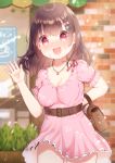  1girl aizawa85 bangs blush breasts brown_bag brown_hair cleavage collarbone commentary_request dress eyebrows_visible_through_hair highres jewelry large_breasts long_hair necklace open_mouth original pink_dress short_sleeves solo 