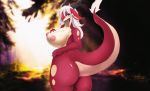  absurd_res anthro big_breasts blue_eyes breasts colored detailed_background dragon female forest hair henno110 hi_res horn long_hair long_tail nipple_piercing nipples nude piercing red_body red_skin scalie solo spinel standing touching_breasts tree white_body white_hair white_skin 