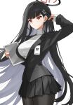  1girl black_hair black_pantyhose black_skirt blue_archive breasts bright_pupils closed_mouth commentary_request cowboy_shot hair_behind_ear hair_ornament hairpin halo highres id_card long_hair millennium_science_school_logo pantyhose pleated_skirt raimu_(clanberry000) red_eyes revision ribbed_sweater rio_(blue_archive) simple_background skirt solo suit sweater turtleneck turtleneck_sweater very_long_hair white_background white_pupils white_sweater 