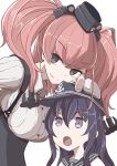  2girls :o akatsuki_(kantai_collection) anchor anchor_hair_ornament anchor_symbol atlanta_(kantai_collection) bangs black_eyes boushi-ya breasts eyebrows_visible_through_hair flat_cap garrison_cap gloves hair_between_eyes hair_ornament hand_on_another&#039;s_head hat headgear kantai_collection long_hair multiple_girls open_mouth partly_fingerless_gloves purple_hair sailor_collar school_uniform serafuku shirt simple_background skirt smile suspender_skirt suspenders twintails white_background 