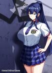  1girl :o aomiya_mizuha blue_eyes blue_hair blue_necktie blue_skirt blush breasts button_gap collared_shirt cowboy_shot hand_on_own_hip hellandheaven highres huge_breasts juukon_sentai_juusoldier large_breasts large_variant_set long_hair looking_at_viewer necktie paid_reward_available parted_lips patreon_username plaid_clothes plaid_necktie plaid_skirt pleated_skirt ponytail school_uniform shadow shirt shirt_tucked_in short_sleeves sidelocks skirt solo standing tented_shirt thighs variant_set white_shirt 