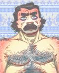 black_hair body_hair cataldo_(rawdawgcomics) chest_hair facial_hair fur hair half-closed_eyes hi_res human male mammal mullet muscle_tone musclegut muscular muscular_human muscular_male mustache narrowed_eyes pecs rawdawgcomics solo yellow_body yellow_fur