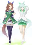 2girls absurdres animal_ears arms_behind_head bare_shoulders black_gloves black_thighhighs blue_eyes bow breasts brown_choker brown_hair buttons choker closed_mouth coat commentary_request double-breasted dress ear_bow ear_covers ear_ribbon flower frilled_thighhighs frills gloves green_bow green_dress green_sailor_collar green_shorts grey_hair hair_between_eyes hair_flower hair_ornament hairclip highres horse_ears horse_girl horse_tail king_halo_(king_of_emeralds)_(umamusume) king_halo_(umamusume) kyuusanshiki layered_shirt long_hair long_sleeves looking_at_viewer medium_breasts multiple_girls off-shoulder_coat off-shoulder_dress off_shoulder open_mouth red_eyes sailor_collar seiun_sky_(reeling_in_the_big_one)_(umamusume) seiun_sky_(umamusume) shirt shoes short_hair shorts single_ear_cover small_breasts smile sunflower sunflower_hair_ornament tail teeth thighhighs umamusume white_thighhighs 
