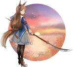  1girl animal_ears armband asymmetrical_footwear black_pantyhose blue_eyes blue_jacket blush bow brown_hair closed_mouth commentary_request dress ear_bow ear_ribbon flower full_body grass_wonder_(stone-piercing_blue)_(umamusume) grass_wonder_(umamusume) highres holding holding_polearm holding_weapon horse_ears horse_girl horse_tail jacket kyuusanshiki long_hair long_sleeves mismatched_footwear multicolored_hair naginata pantyhose polearm red_armband sailor_collar sky solo sun tail umamusume weapon white_dress white_hair 