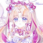  1girl arm_warmers armlet artist_name back_bow bare_shoulders bead_necklace beads blonde_hair blue_eyes bow bowtie choker cone_hair_bun double_bun dreamtime_bestowed_(infinity_nikki) dress eyelashes frilled_arm_warmers frills gem gem_hair_ornament gradient_eyes grey_bow hair_bow hair_bun hair_ribbon halo happy heart-shaped_gem holding holding_spoon infinity_nikki jewelry jintiannihezhoulema99294 large_bow long_hair long_sidelocks multicolored_eyes neck_ribbon necklace nikki_(series) open_mouth oversized_object parted_bangs pink_bow pink_choker pink_gem pink_ribbon purple_eyes ribbon ribbon_earrings sidelocks simple_background sleeveless sleeveless_dress smile solo spaghetti_strap spoon sprinkles twintails two-tone_eyes upper_body very_long_hair white_arm_warmers white_background white_bow white_bowtie white_dress wrist_bow 