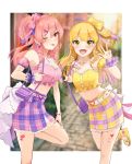  :d :p absurdres bag belt blonde_hair blurry blurry_background blush border bow breasts brown_eyes cleavage fang flat_chest green_eyes hair_bow handbag highres idolmaster idolmaster_cinderella_girls idolmaster_cinderella_girls_starlight_stage jewelry jougasaki_mika jougasaki_rika large_breasts leg_up midriff multicolored multicolored_nails nail_polish one_side_up open_mouth orange_nails pink_bow pink_hair pink_nails plaid plaid_skirt purple_nails ring risu_mikap siblings sisters skirt smile tongue tongue_out v white_border yellow_bow 