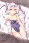  1girl animal_ears ass_visible_through_thighs azur_lane bangs bed_sheet blue_swimsuit blush breasts bunny_ears collarbone commentary_request covered_mouth covering eyebrows_visible_through_hair hair_between_eyes hair_ornament hairband highres laffey_(azur_lane) long_hair looking_at_viewer lying na!?_(naxtuyasai) nipples nude_cover on_back red_eyes red_hairband sidelocks silver_hair small_breasts solo swimsuit swimsuit_removed thighhighs twintails very_long_hair white_legwear 