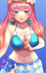  1girl bikini blonde_hair blue_background blue_eyes breasts cleavage commentary earrings fire_emblem fire_emblem_heroes gradient_hair gunnthra_(fire_emblem) head_wreath jewelry jurge large_breasts long_hair multicolored_hair navel parted_lips pink_hair sarong simple_background solo swimsuit 