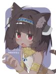  1girl ahoge ancient_egyptian_clothes animal_ear_piercing blunt_bangs bracelet brown_egyptian_cat-eared_loli_(trend) brown_hair cat_girl cat_tail claw_pose commentary_request dark_skin fang furrowed_brow gold_bracelet gold_headband gold_necklace headgear highres jewelry kemonomimi_mode knife light_blush looking_at_viewer mizusaki_nakono necklace open_mouth red_eyes short_hair simple_background solo tail touhoku_kiritan twintails upper_body usekh_collar voiceroid 