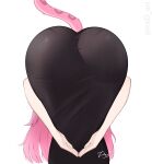  1girl amen_pose_(meme) ass bent_over black_dress commentary dress from_behind heart highres hololive hololive_english irad_art long_dress long_hair meme own_hands_together panther_girl panther_tail pink_hair pink_tail raora_panthera signature simple_background solo tail twitter_username virtual_youtuber white_background 