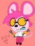 anthro boots clothing coat eyewear female footwear fur glasses gloves goommymuffin handwear hi_res lab_coat long_teeth mammal muffin_(goommymuffin) murid murine open_mouth pink_body pink_fur rob-posa rodent shoes solo tools topwear wearing_glasses wrench