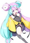  1girl blue_hair bow-shaped_hair character_hair_ornament commentary_request criss-cross_halter fake_hair_bun grey_pantyhose hair_ornament halter_shirt halterneck hexagon_print iono_(pokemon) jacket korean_commentary long_hair magnemite multicolored_hair open_mouth oversized_clothes pantyhose pink_hair pokemon pokemon_scarlet_and_violet sharp_teeth single_leg_pantyhose sleeves_past_fingers sleeves_past_wrists smile solo split-color_hair teeth user_wfge2442 x_(symbol) yellow_jacket 