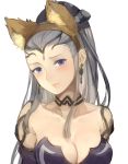  1girl animal_ears blue_eyes blush breasts choker cleavage closed_mouth commentary_request earrings eir_(fire_emblem) fake_animal_ears fire_emblem fire_emblem_heroes fox_ears hair_ornament jewelry jurge long_hair medium_breasts ponytail silver_hair simple_background solo upper_body white_background 