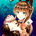  1girl absurdres animal_ears atnamiret blonde_hair blue_eyes braid breasts card card_(medium) cleavage dated heaven_burns_red highres large_breasts long_hair open_mouth playboy_bunny playing_card rabbit_ears toujou_tsukasa toujou_tsukasa_(bunny_fight_deviation) 