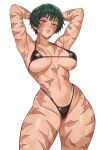  1girl absurdres armpits arms_behind_head arms_up bikini black_bikini blush burn_scar commentary cowboy_shot green_hair groin highleg highleg_bikini highres jujutsu_kaisen looking_at_viewer multiple_scars navel paid_reward_available reus_(cetta) scar scar_on_arm scar_on_face scar_on_leg scar_on_shoulder scars_all_over short_hair simple_background solo standing stomach swimsuit thick_thighs thighs toned toned_female white_background yellow_eyes zen'in_maki zen'in_maki_(post_shibuya) 